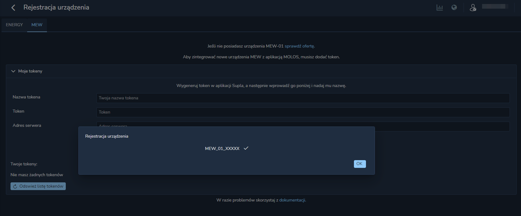 Dodanie tokenu i rejestracja urządzenia w aplikacji MOLOS.CLOUD